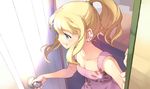  bandaid bare_arms blonde_hair blood blue_eyes breasts comet_(teamon) doorknob doorway dress fullmetal_alchemist hand_on_wall high_ponytail opening_door pink_dress ponytail small_breasts solo winry_rockbell younger 