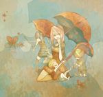  3girls aqua_hair bad_id bad_pixiv_id banana blonde_hair child food fruit hair_ribbon hatsune_miku highres kagamine_len kagamine_rin long_hair megurine_luka mizutame_tori multiple_girls pink_eyes pink_hair ribbon short_hair siblings smile spring_onion twintails umbrella vocaloid younger 