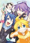  4boys \m/ ahoge aqua_hair black_hair blonde_hair blue_eyes blue_hair fingerless_gloves fingersmile glasses gloves haru_aki hatsune_miku hiyama_kiyoteru hood hoodie image_sample kagamine_len kagamine_rin kaito kamui_gakupo multiple_boys multiple_girls one_eye_closed pixiv_sample ponytail purple_hair scarf smile tsuki_ni_kawatte_oshioki_yo vocaloid 