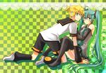  1girl ahoge aqua_eyes aqua_hair aruhina blonde_hair blush boots detached_sleeves green_hair hatsune_miku holding_hands kagamine_len long_hair necktie short_hair sitting skirt thigh_boots thighhighs twintails very_long_hair vocaloid 