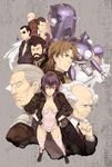  6+boys aramaki_daisuke bald batou beard black_hair boma_(ghost_in_the_shell) brown_eyes brown_hair cigarette cyberpunk everyone facial_hair fingerless_gloves ghost_in_the_shell ghost_in_the_shell_stand_alone_complex gloves grey_hair hands_on_hips highres ishikawa jacket kusanagi_motoko leotard md5_mismatch mecha multiple_boys osamu_(jagabata) paz purple_hair red_eyes robot saitou_(ghost_in_the_shell) science_fiction short_hair simple_background smoke tachikoma thighhighs togusa white_hair 