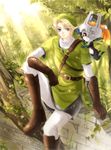  1girl bad_id bad_pixiv_id blonde_hair blue_eyes gloves hat helmet imp link midna nature pointy_ears ran_(artist) red_eyes smile the_legend_of_zelda the_legend_of_zelda:_twilight_princess 