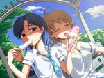  ahoge bench blue_hair brown_eyes brown_hair closed_eyes cloud day feeding food hoshii_miki ice_cream idolmaster idolmaster_(classic) kisaragi_chihaya licking long_hair maru_(sara_duke) multiple_girls necktie popsicle rough_time_school school_uniform sitting sky sweat tongue tree 