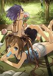  absurdres ass barefoot blue_eyes book brown_hair closed_eyes eraser fan feet food hair_bobbles hair_ornament hairclip highres hot ice_cream kayari_buta legs legs_up long_hair lying megami megami_creators multiple_girls on_stomach original paper_fan pencil popsicle purple_hair ryou_(kimagure) scan short_hair shorts sitting sweat tatami twintails uchiwa veranda wind_chime 