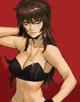  bare_shoulders bra breasts brown_hair cleavage copyright_request cross gloves hand_behind_head hand_on_hip jewelry large_breasts lingerie long_hair navel necklace simple_background solo underwear yellow_eyes yuuji_(and) 