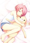  animal_ears barefoot bed bunny_ears frilled_pillow frills highres lying on_bed on_side original pillow pink_hair sakura_(usashiro_mani) short_hair sleeping solo stuffed_animal stuffed_dog stuffed_toy usashiro_mani younger 