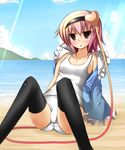  :o bare_shoulders beach black_legwear blush day hairband heart highres jpeg_artifacts komeiji_satori light_rays liya no_pants ocean one-piece_swimsuit open_clothes open_shirt outdoors pink_hair purple_eyes red_eyes school_swimsuit shirt short_hair sitting solo spread_legs sunbeam sunlight swimsuit swimsuit_under_clothes thighhighs touhou white_school_swimsuit white_swimsuit 