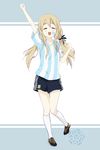  2010 2010_fifa_world_cup ^_^ alternate_hairstyle argentina arm_up black_shorts blonde_hair blush cleats clenched_hands closed_eyes emblem facepaint food full_body hair_between_eyes highres k-on! kneehighs knees_together_feet_apart kotobuki_tsumugi long_hair low_twintails md5_mismatch open_mouth outstretched_arm raised_fist rokujou_jun shirt short_sleeves shorts soccer_uniform solo sportswear striped striped_shirt takuan thick_eyebrows twintails vertical-striped_shirt vertical_stripes white_legwear world_cup 