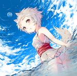  animal_ears bare_shoulders day dutch_angle face highres inubashiri_momiji moon mutsutsu panties red_eyes short_hair silver_hair sky sleeveless solo tail thighhighs touhou underwear wading water white_legwear white_panties wolf_ears wolf_tail 