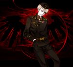  albino axis_powers_hetalia bad_id bad_pixiv_id black_wings iron_cross male_focus military military_uniform no6_ricca prussia_(hetalia) red_eyes solo uniform white_hair wings 