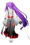  bad_id bad_pixiv_id choker highres long_sleeves meira ponytail purple_hair ribbon samurai sarashi solo sword touhou touhou_(pc-98) weapon 