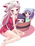  alternate_hairstyle barefoot black_hair blue_hair blush bow chibi feet fujiwara_no_mokou hair_bow hama_chon houraisan_kaguya kamishirasawa_keine long_hair looking_at_viewer multiple_girls naked_towel ponytail red_eyes silver_hair sitting touhou towel twintails water white_background yokozuwari 