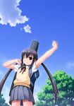  arms_up bag black_hair brown_eyes cloud cowboy_shot day guitar highres instrument k-on! long_hair nakano_azusa one_eye_closed sayousuke school_uniform skirt sky smile solo stretch sweater sweater_vest twintails 