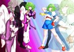  baggy_pants bare_legs barefoot blue_sailor_collar bobby_socks breasts colored_eyelashes cosplay dual_persona dudou feet fingerless_gloves gloves green_hair han_juri han_juri_(cosplay) hand_behind_head hand_on_own_chest kasugano_sakura kasugano_sakura_(cosplay) kazami_yuuka medium_breasts midriff multiple_girls navel pants pleated_skirt red_eyes sagattoru sailor_collar school_uniform serafuku sideboob skirt smirk socks standing standing_on_one_leg street_fighter street_fighter_iv_(series) toeless_legwear touhou zoom_layer 