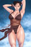  armpits arms_up breasts brown_eyes brown_hair chun-li double_bun large_breasts lips pelvic_curtain sash short_hair solo street_fighter street_fighter_iv_(series) takasugi_kou thick_thighs thighs 