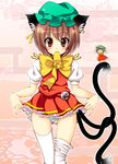  animal_ears brown_hair cat_ears cat_tail chen earrings hat jewelry multiple_tails ooji_cha red_eyes short_hair solo tail thighhighs touhou white_legwear 