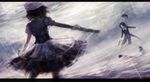 1girl battle beret black_hair epic gun hat highres kanon_(umineko) letterboxed shannon silverwing skirt spoilers umineko_no_naku_koro_ni weapon 