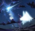  angel_wings bandages brown_hair from_behind fumotono_mikoto glowing hayabusa_(spacecraft) looking_up night night_sky original outstretched_arm outstretched_hand personification pleated_skirt reaching shooting_star short_hair skirt sky solo standing sweater_vest wings 