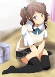  amagami black_legwear blush brown_eyes brown_hair from_above hair_ribbon kibito_high_school_uniform legs long_hair looking_up nakata_sae pleated_skirt ribbon school_uniform sitting skirt smile solo sweater sweater_vest thighhighs twintails utamaro wariza 