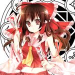  ahoge ascot bad_id bad_pixiv_id bare_shoulders bow brown_eyes brown_hair detached_sleeves hair_bow hair_tubes hakurei_reimu highres kishi_naon long_hair magic_circle midriff navel ofuda sarashi solo touhou 