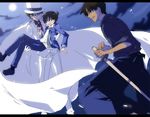  cape carrying hat hattori_heiji kaitou_kid kl kudou_shin'ichi male_focus md5_mismatch meitantei_conan monocle moon multiple_boys princess_carry sky sword top_hat weapon 