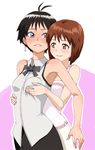  antenna_hair armpits bare_shoulders black_hair blue_eyes blush bow bowtie breast_grab breast_lift breasts brown_hair earrings face flat_chest flat_chest_grab grabbing hagiwara_yukiho hands hug hug_from_behind idolmaster idolmaster_(classic) jewelry kikuchi_makoto looking_back multiple_girls oku_(okumen) orange_eyes ribbon short_hair simple_background small_breasts smile yuri 