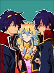  2boys angry blue_hair dual_persona garlock_simon lolalol multicolored_hair multiple_boys nia_teppelin simon tegaki tengen_toppa_gurren_lagann two-tone_hair 