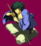  black_hair hakama ishikawa_goemon_xiii japanese_clothes lupin_iii male_focus one_knee sarashi sheath sheathed simple_background solo sword weapon zyunya 