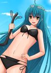  absurdres aqua_hair bikini eel fang goggles goggles_on_head green_eyes highres long_hair natsuzakura_yuuki original solo swimsuit wet 