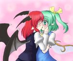  closed_eyes couple daiyousei head_wings isaki_(gomi) kiss koakuma multiple_girls red_hair touhou wings yuri 