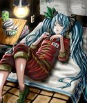  bad_id bad_pixiv_id blue_eyes blue_hair book can cup_ramen food hatsune_miku light_bulb long_hair lying name_tag newspaper noodles parody ramen sleeves_pushed_up socks solo tea track_suit twintails very_long_hair vocaloid watanore world_is_mine_(vocaloid) 