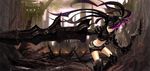  armor belt black_hair black_rock_shooter boots burning_eye chain denki fire gauntlets greaves highres huge_weapon insane_black_rock_shooter long_hair loose_belt midriff navel post-apocalypse purple_eyes ruins scar scenery shorts solo stitches sword twintails weapon 