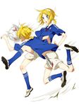  1girl bad_id bad_pixiv_id ball blonde_hair blue_eyes brother_and_sister cleats hair_ornament hairband hairclip highres japan kagamine_len kagamine_rin mitre_revolve playing_sports psd short_hair shorts siblings simple_background soccer soccer_ball socks sport sweatdrop twins vocaloid 