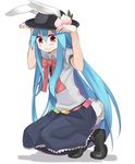  :3 animal_ears bad_id bad_pixiv_id blue_hair blush bow bunny_ears bunny_tail food fruit hanasaki_mahiru hat hinanawi_tenshi kemonomimi_mode long_hair peach red_eyes solo squatting tail touhou very_long_hair 