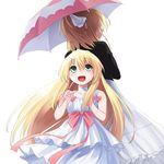  bad_id bad_pixiv_id blonde_hair copyright_request dress green_eyes multiple_girls oryou pinky_out shared_umbrella smile umbrella 