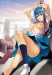  ayanami_rei bandages blue_hair breasts building cloud highres kneehighs large_breasts neon_genesis_evangelion nipples open_clothes open_shirt red_eyes rubble sage_joh school_uniform shirt shoes short_hair sky socks solo 