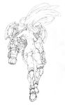  arm_cannon armor breasts closed_eyes greyscale highres lineart long_hair medium_breasts metroid monochrome muju nipples ponytail pubic_hair pussy samus_aran solo undressing varia_suit weapon 