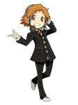  brown_eyes brown_hair grin hanamura_yousuke headphones highres houndstooth official_art persona persona_4 persona_q2:_new_cinema_labyrinth persona_q_(series) pointing shoes smile sneakers solo source_request yasogami_school_uniform 