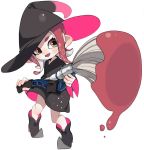  black_dress black_footwear black_hat brown_eyes commentary dress english_commentary fangs foreshortening full_body hat head_tilt holding holding_weapon inkbrush_(splatoon) light_blush long_sleeves looking_at_viewer maco_spl medium_dress medium_hair octarian octoling open_mouth paint_splatter pointy_ears pointy_shoes red_hair shoes simple_background smile solo splatoon_(series) splatoon_2 standing suction_cups tentacle_hair weapon witch_costume witch_hat 