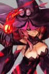  bare_shoulders black_sclera blazblue breasts cleavage detached_sleeves fire flame grey_background hand_up hankuri hat hat_over_one_eye konoe_a_mercury large_breasts long_hair looking_at_viewer pink_hair simple_background smile solo wide_sleeves witch_hat yellow_eyes 