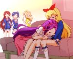  =d aikatsu! aikatsu!_(series) blazer blonde_hair blue_hair blue_jacket blush bow brown_hair closed_eyes commentary_request couch covering_mouth dress eyebrows_visible_through_hair hair_bow hair_ornament hair_scrunchie hairband hitaishou_chiritori hoshimiya_ichigo indoors jacket kanzaki_mizuki kiriya_aoi lap_pillow light_brown_hair long_hair long_sleeves multiple_girls natsuki_mikuru on_couch open_mouth purple_hair school_uniform scrunchie shibuki_ran shirt short_sleeves side_ponytail sitting skirt sleeping smile starlight_academy_uniform two_side_up very_long_hair white_skirt yuri 