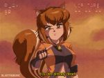  90s animal_ears anime_coloring artist_name blazblue bluethebone brown_eyes brown_hair fake_screenshot fingerless_gloves gloves hokuto_no_ken jacket looking_at_viewer makoto_nanaya multicolored_hair orange_jacket pointing pointing_at_viewer scowl solo squirrel_ears squirrel_girl squirrel_tail subtitled tail two-tone_hair upper_body vhs_artifacts videocasette you_are_already_dead 