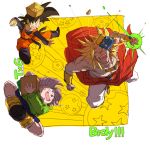  3boys :d ^_^ aramakijyake basket blonde_hair blue_eyes boots bracelet broly character_name closed_eyes closed_mouth dougi dragon_ball dragon_ball_(object) dragon_ball_z energy energy_ball evil_grin evil_smile fighting_stance flying full_body green_eyes green_jacket grin happy incoming_attack jacket jewelry long_sleeves looking_at_another male_focus mask mask_removed multiple_boys necklace nervous nervous_smile open_mouth outside_border purple_hair shirtless short_hair shorts simple_background smile son_goten spiked_hair super_saiyan sweatdrop teeth trunks_(dragon_ball) two-tone_background white_background yellow_background 