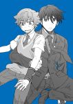  2boys bangs collared_shirt formal greyscale hibiki_yuuta male_focus monochrome multiple_boys necktie school_uniform shirt short_hair short_sleeves ssss.gridman suit vit waistcoat wing_collar 