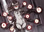 ahoge asutora black_hair breasts commentary extra_eyes gazer_(monster_girl_encyclopedia) glowing glowing_eyes grey_skin grin hand_up long_hair looking_at_viewer monster_girl monster_girl_encyclopedia navel outstretched_arm rain red_eyes sharp_teeth small_breasts smile solo teeth tentacles wet 