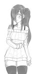  alternate_hairstyle black_legwear blush burn_scar collarbone commentary cowboy_shot english_commentary eyebrows_visible_through_hair greyscale hair_over_one_eye ikezawa_hanako katawa_shoujo long_hair long_sleeves looking_at_viewer monochrome off-shoulder_sweater ponytail ribbed_sweater scar skindentation sleeves_past_wrists smile solo sweater thighhighs twrlare 