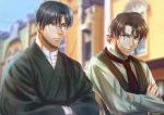  blue_sky blurry blurry_background brown_eyes brown_hair brown_vest city commentary_request crossed_arms day glasses izumi_(stardustalone) japanese_clothes kimono looking_at_another male_focus multiple_boys necktie original outdoors red_neckwear renri_no_chigiri_wo_kimi_to_shiru shosei sky sweatdrop upper_body vest 