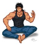  abs ashihana_eiryou barefoot black_eyes black_hair black_shirt blue_pants chest dated denim full_body hand_up jeans karakuri_circus long_hair lrpanda00 male_focus muscle pants parted_lips shirt sitting smile solo white_background 