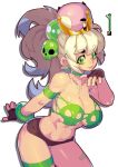  armband bandaid blonde_hair bracelet breasts collar collarbone cowboy_shot crown earrings eyebrows_visible_through_hair fengmo fingerless_gloves flag flagpole gloves green_earrings green_eyes jewelry large_breasts lips long_hair mario_(series) midriff multicolored_hair navel personification ponytail short_shorts shorts simple_background skull smile solo super_crown thick_eyebrows white_background 
