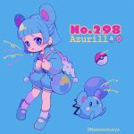  aqua_background azurill bag bangs blue_footwear blue_hair blue_shirt blue_shorts blunt_bangs blush blush_stickers character_name earrings english full_body gen_3_pokemon heart highres jewelry long_sleeves looking_at_viewer mameeekueya medium_hair moemon parted_lips personification poke_ball pokemon pokemon_(creature) pokemon_number polka_dot puffy_shorts sad sailor_collar shirt shoes shorts shoulder_bag simple_background smile socks standing twitter_username 